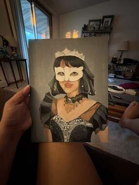 Original Hand-Painted Portrait of a Woman in Masquerade Mask and Lace Dress
